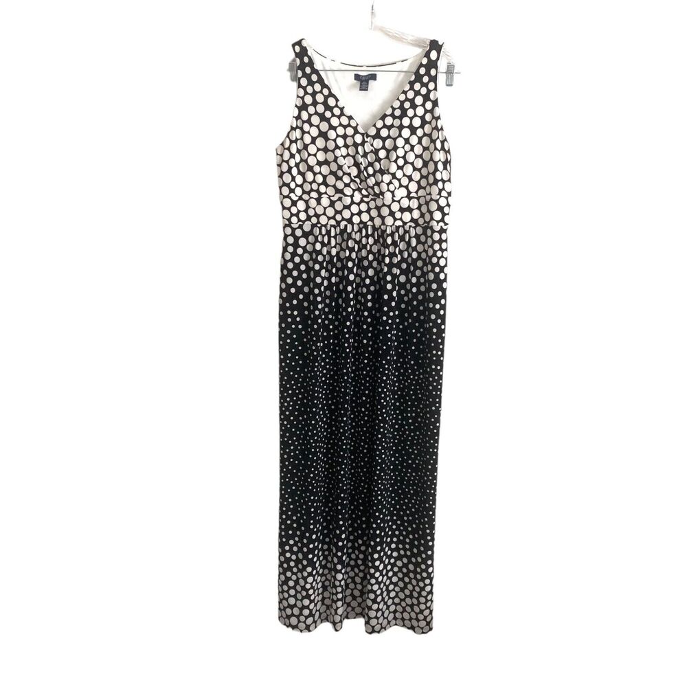 Chaps Women's Maxi Dress Size XL Polka Dot Black White Stretch Lined Sleeveless